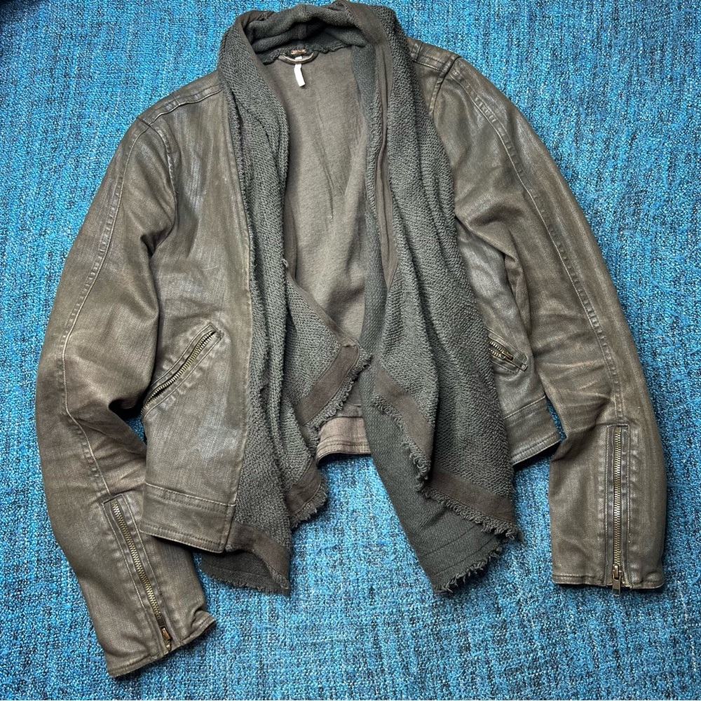 Free People Drape Front Coated Denim Moto Jacket in Olive Green Women's Size 4